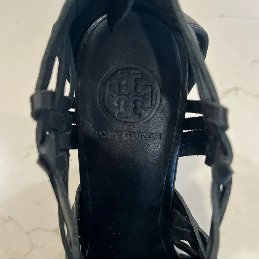 Tory Burch Black Leather Tevray Huarache Wedge Sandals